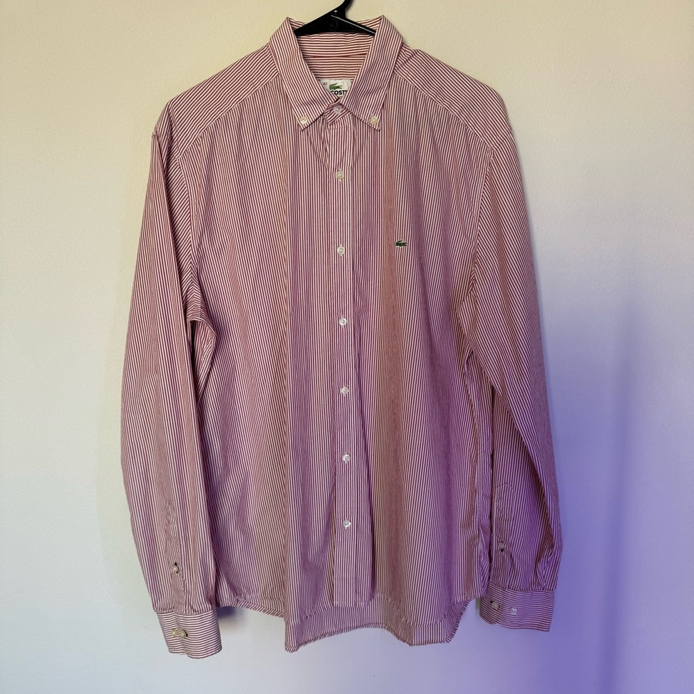 Lacoste Men's Button Down Red Striped Shirt Size 42 Slim Fit